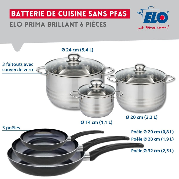 Ensemble de 3 Poêles de cuisson 20, 28 et 32 cm et 3 faitouts 14, 20 et 24 cm Elo Prima Brillant