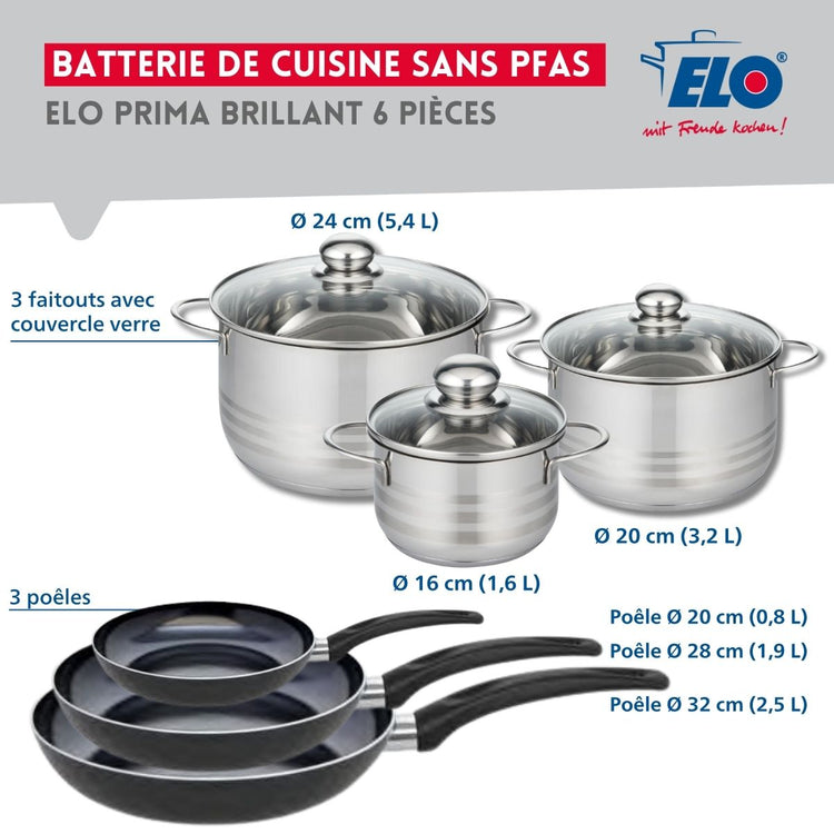 Ensemble de 3 Poêles de cuisson 20, 28 et 32 cm et 3 faitouts 16, 20 et 24 cm Elo Prima Brillant