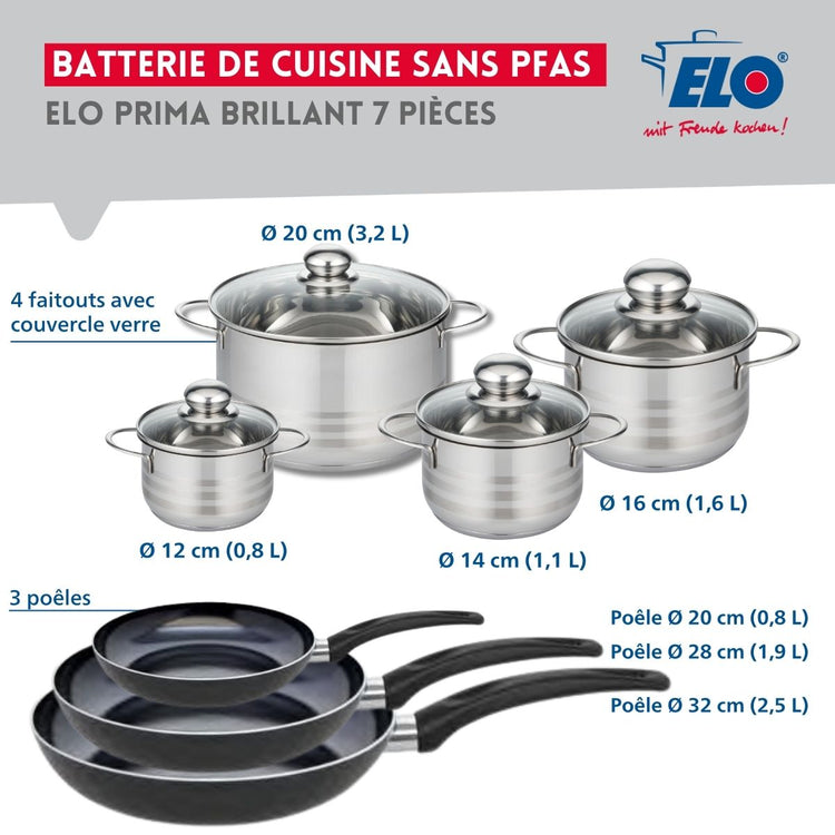 Ensemble de 3 Poêles de cuisson 20, 28 et 32 cm et 4 faitouts 12, 14, 16 et 20 cm Elo Prima Brillant