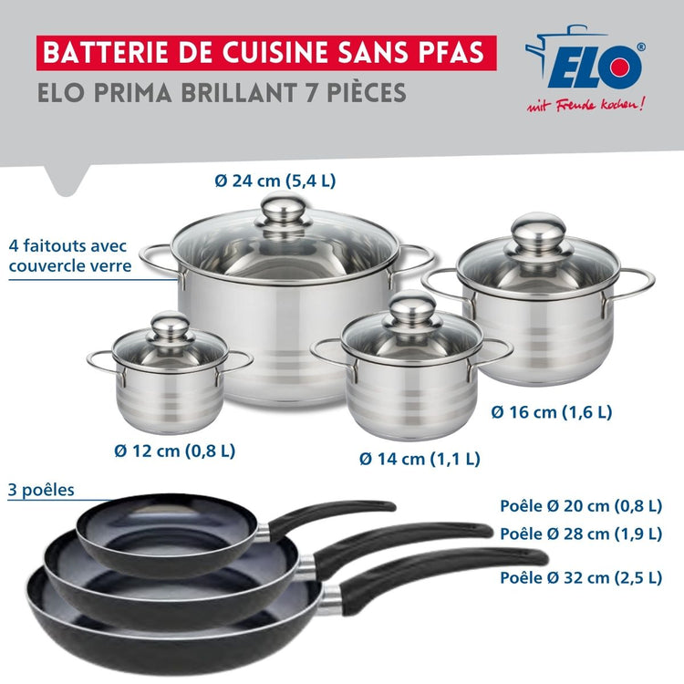 Ensemble de 3 Poêles de cuisson 20, 28 et 32 cm et 4 faitouts 12, 14, 16 et 24 cm Elo Prima Brillant