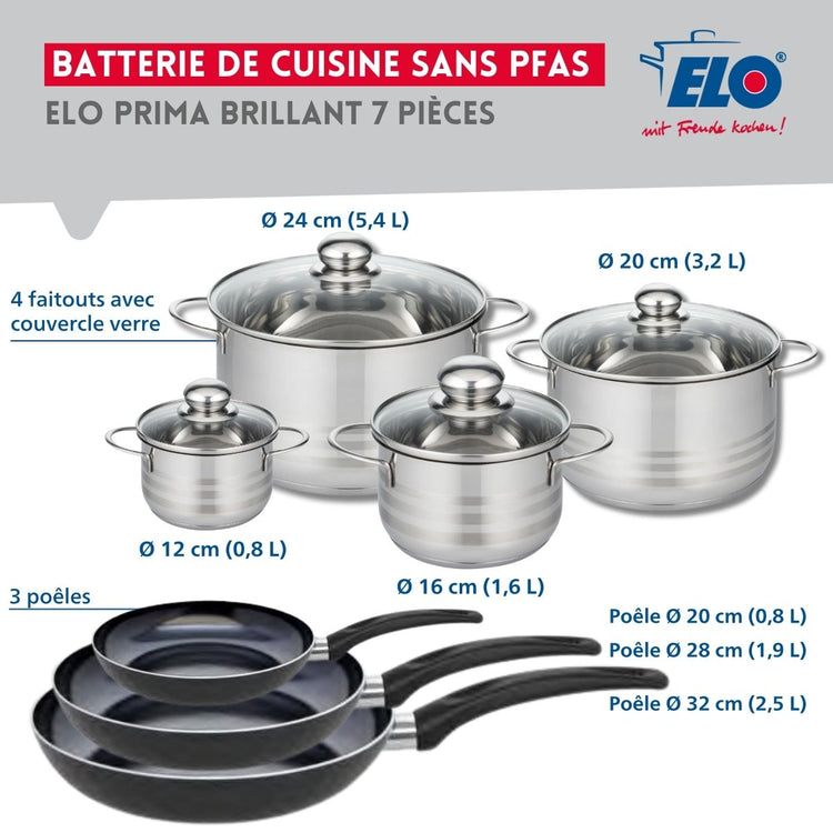 Ensemble de 3 Poêles de cuisson 20, 28 et 32 cm et 4 faitouts 12, 16, 20 et 24 cm Elo Prima Brillant