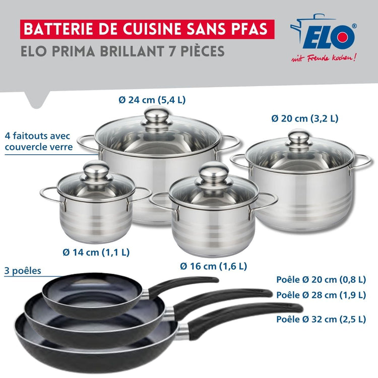 Ensemble de 3 Poêles de cuisson 20, 28 et 32 cm et 4 faitouts 14, 16, 20 et 24 cm Elo Prima Brillant