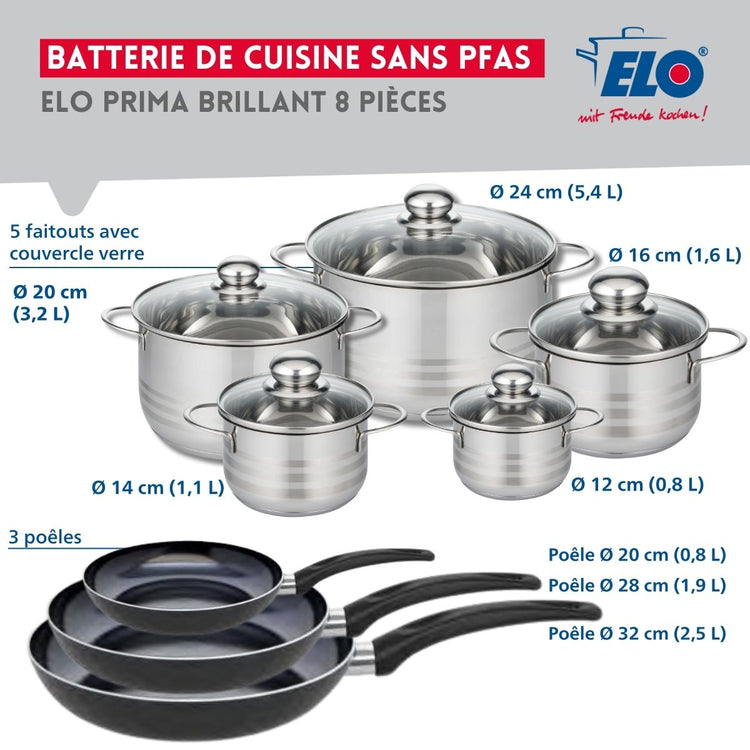 Ensemble de 3 Poêles de cuisson 20, 28 et 32 cm et 5 faitouts 12, 14, 16, 20 et 24 cm Elo Prima Brillant