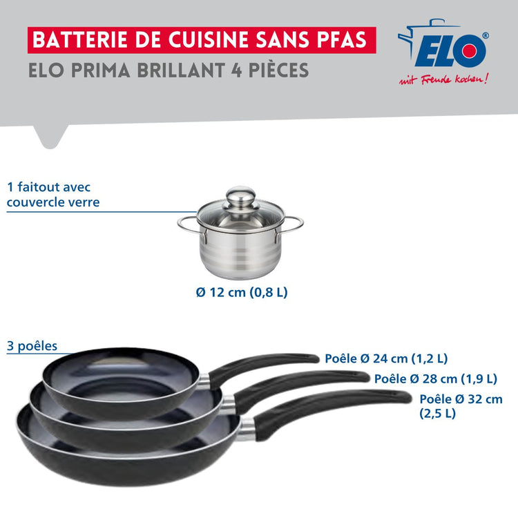 Ensemble de 3 Poêles de cuisson 24, 28 et 32 cm et 1 faitout 12 cm Elo Prima Brillant