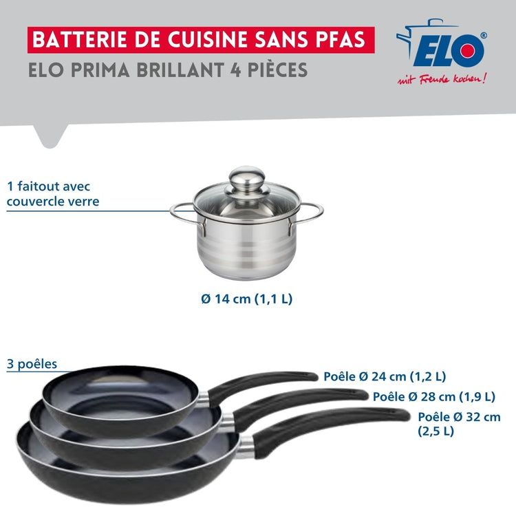 Ensemble de 3 Poêles de cuisson 24, 28 et 32 cm et 1 faitout 14 cm Elo Prima Brillant