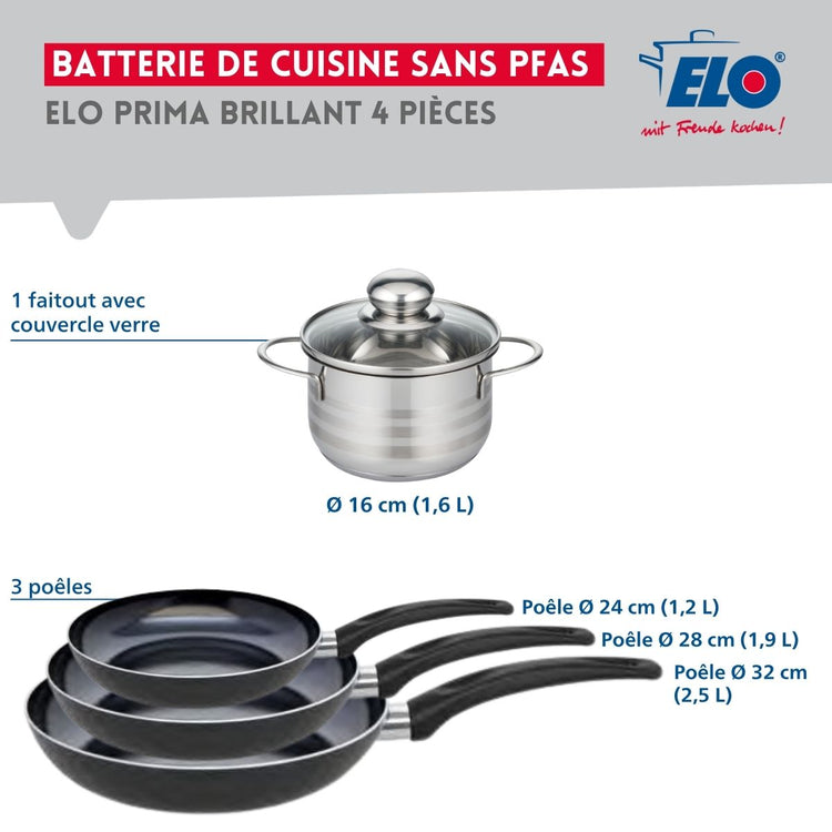 Ensemble de 3 Poêles de cuisson 24, 28 et 32 cm et 1 faitout 16 cm Elo Prima Brillant