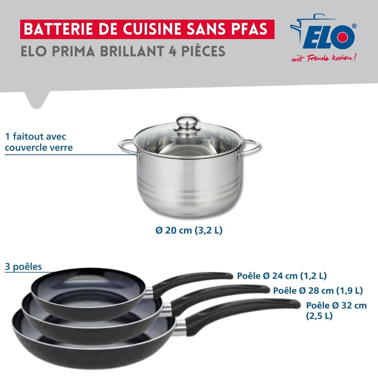 Ensemble de 3 Poêles de cuisson 24, 28 et 32 cm et 1 faitout 20 cm Elo Prima Brillant