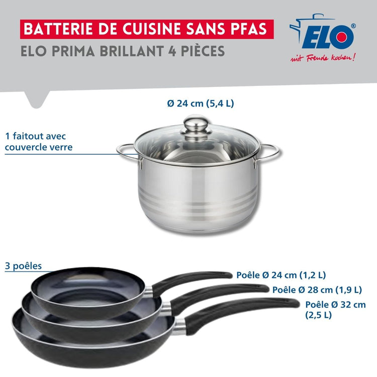 Ensemble de 3 Poêles de cuisson 24, 28 et 32 cm et 1 faitout 24 cm Elo Prima Brillant