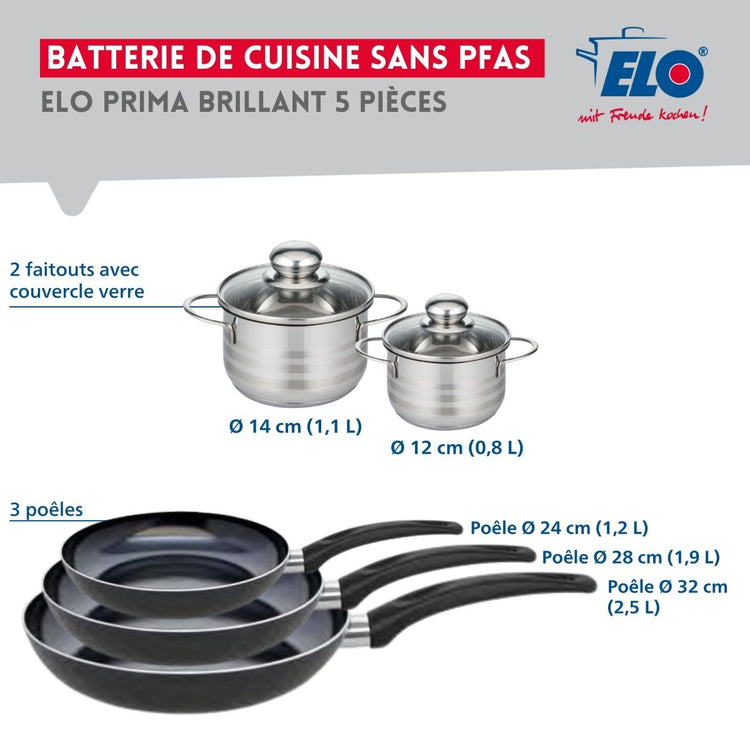 Ensemble de 3 Poêles de cuisson 24, 28 et 32 cm et 2 faitouts 12 et 14 cm Elo Prima Brillant