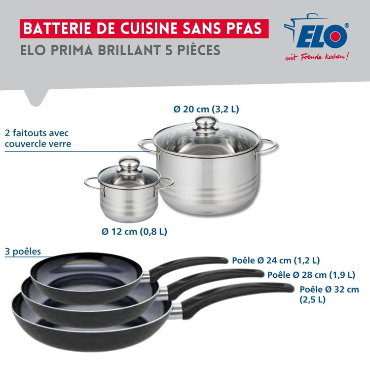 Ensemble de 3 Poêles de cuisson 24, 28 et 32 cm et 2 faitouts 12 et 20 cm Elo Prima Brillant