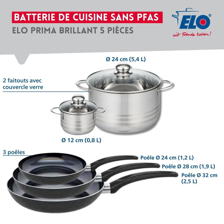 Ensemble de 3 Poêles de cuisson 24, 28 et 32 cm et 2 faitouts 12 et 24 cm Elo Prima Brillant