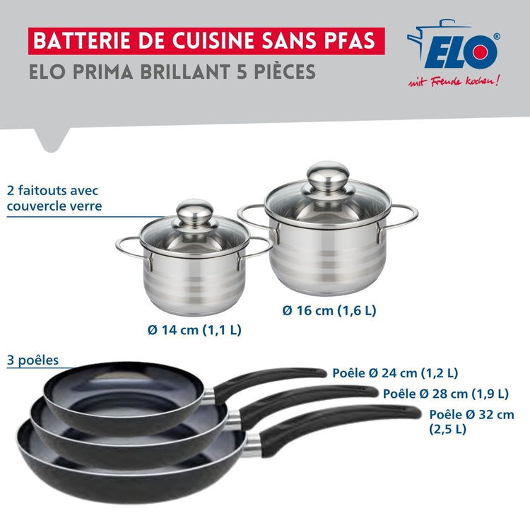 Ensemble de 3 Poêles de cuisson 24, 28 et 32 cm et 2 faitouts 14 et 16 cm Elo Prima Brillant