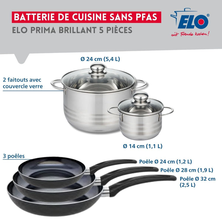 Ensemble de 3 Poêles de cuisson 24, 28 et 32 cm et 2 faitouts 14 et 24 cm Elo Prima Brillant