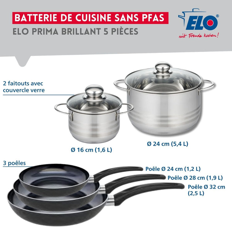 Ensemble de 3 Poêles de cuisson 24, 28 et 32 cm et 2 faitouts 16 et 24 cm Elo Prima Brillant