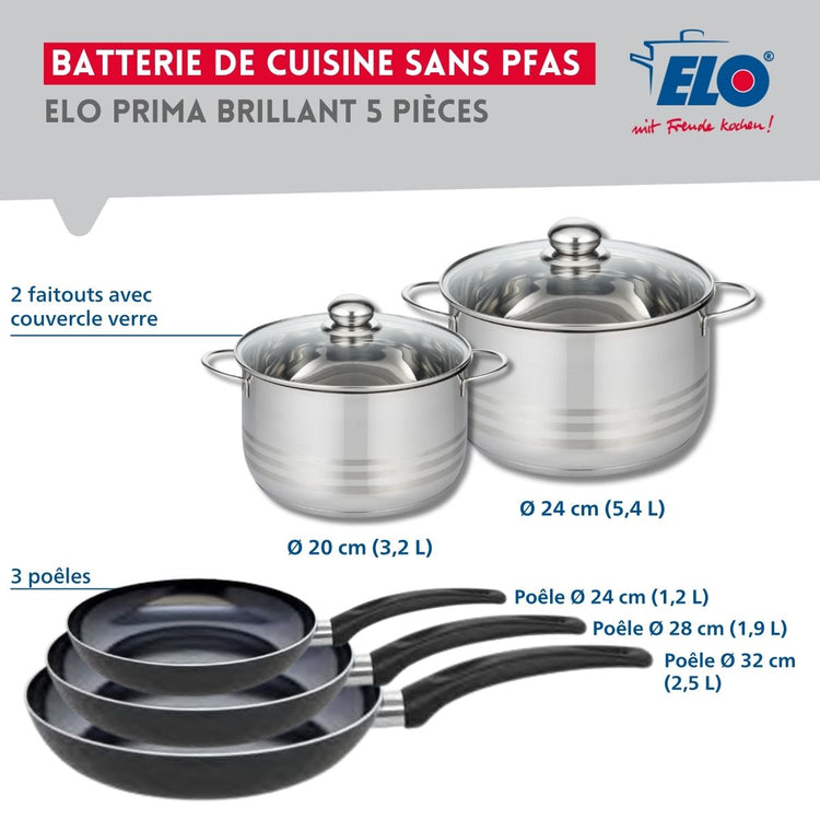 Ensemble de 3 Poêles de cuisson 24, 28 et 32 cm et 2 faitouts 20 et 24 cm Elo Prima Brillant