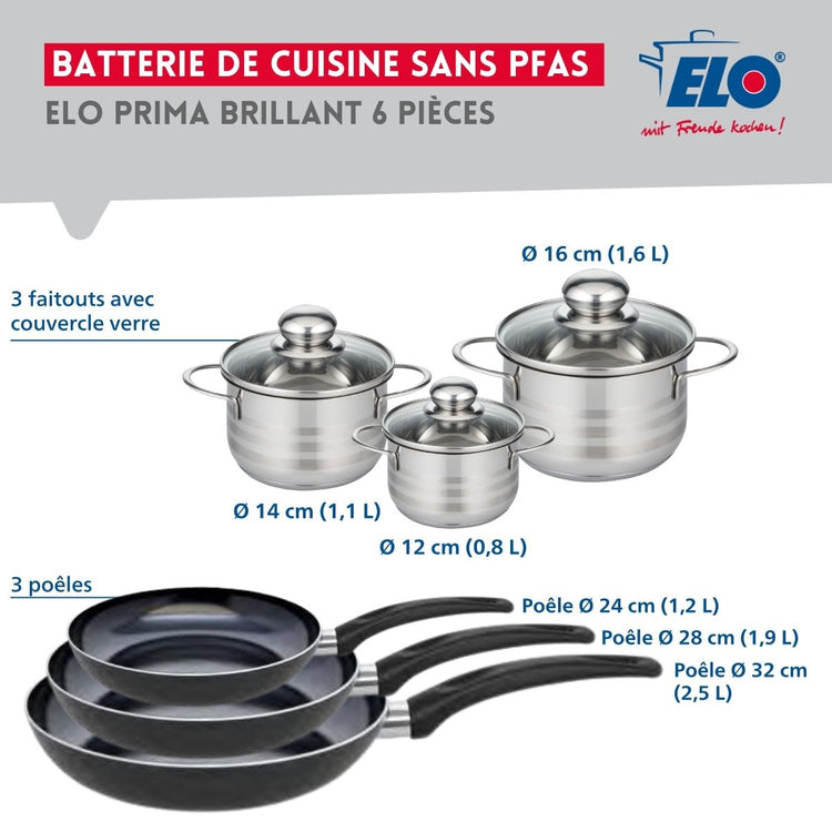 Ensemble de 3 Poêles de cuisson 24, 28 et 32 cm et 3 faitouts 12, 14 et 16 cm Elo Prima Brillant