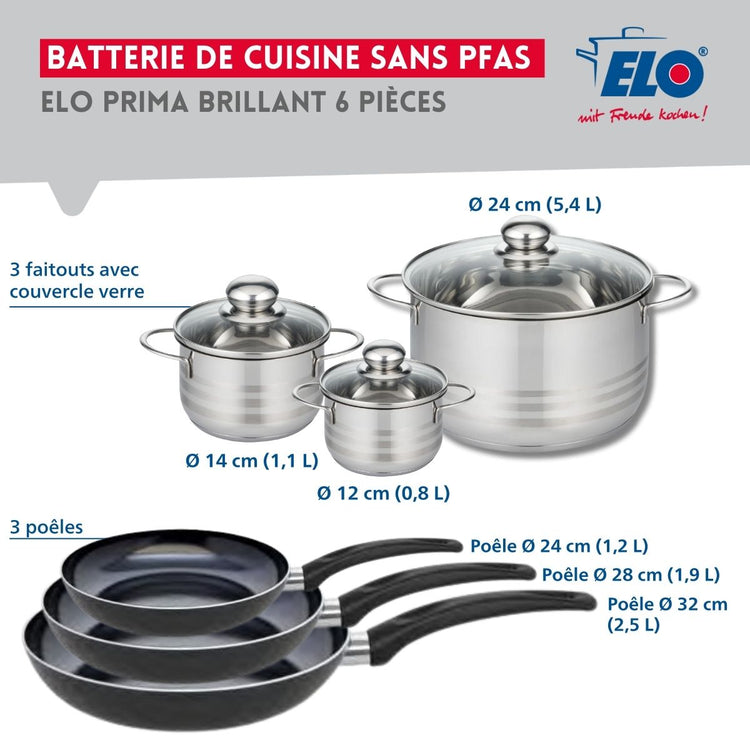 Ensemble de 3 Poêles de cuisson 24, 28 et 32 cm et 3 faitouts 12, 14 et 24 cm Elo Prima Brillant