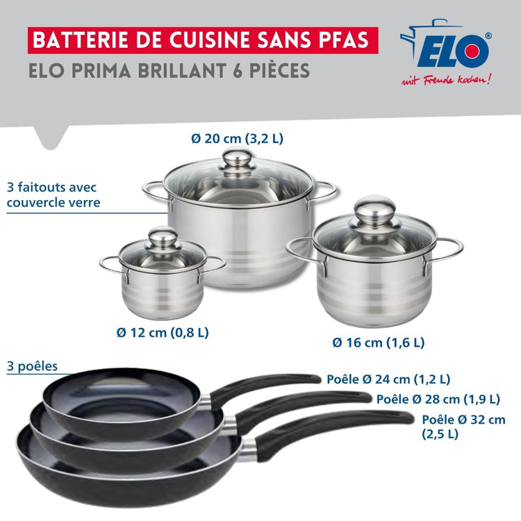 Ensemble de 3 Poêles de cuisson 24, 28 et 32 cm et 3 faitouts 12, 16 et 20 cm Elo Prima Brillant