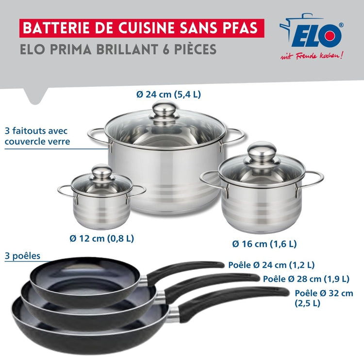 Ensemble de 3 Poêles de cuisson 24, 28 et 32 cm et 3 faitouts 12, 16 et 24 cm Elo Prima Brillant