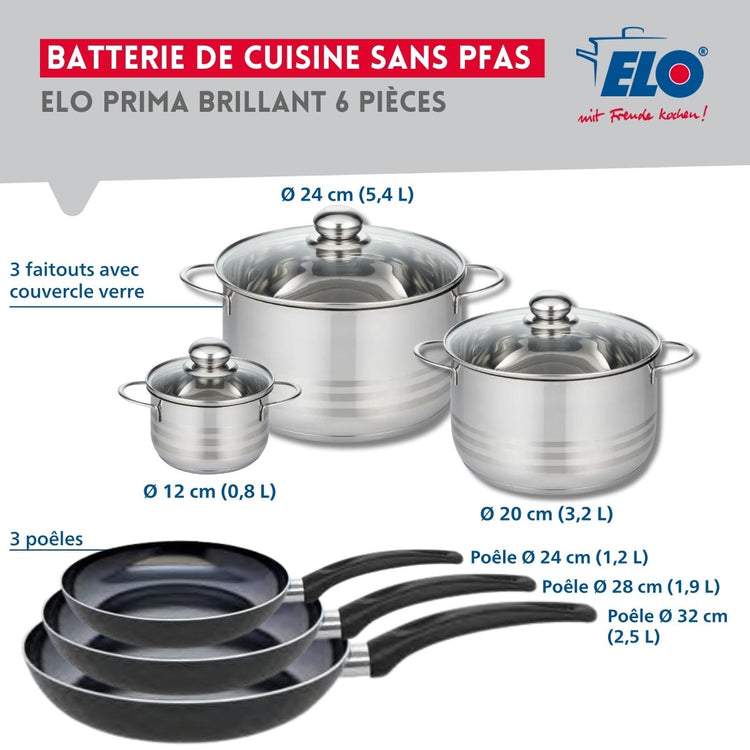 Ensemble de 3 Poêles de cuisson 24, 28 et 32 cm et 3 faitouts 12, 20 et 24 cm Elo Prima Brillant