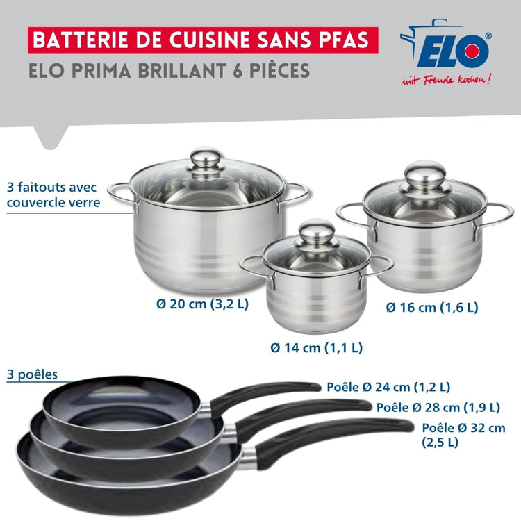 Ensemble de 3 Poêles de cuisson 24, 28 et 32 cm et 3 faitouts 14, 16 et 20 cm Elo Prima Brillant