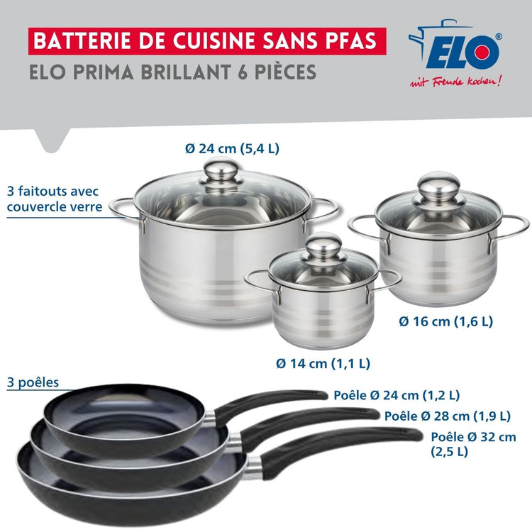 Ensemble de 3 Poêles de cuisson 24, 28 et 32 cm et 3 faitouts 14, 16 et 24 cm Elo Prima Brillant