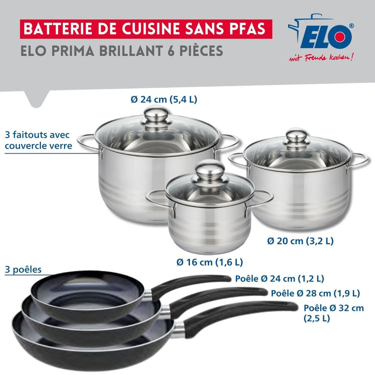 Ensemble de 3 Poêles de cuisson 24, 28 et 32 cm et 3 faitouts 16, 20 et 24 cm Elo Prima Brillant