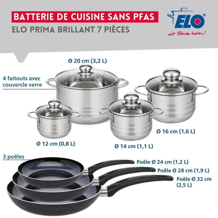 Ensemble de 3 Poêles de cuisson 24, 28 et 32 cm et 4 faitouts 12, 14, 16 et 20 cm Elo Prima Brillant