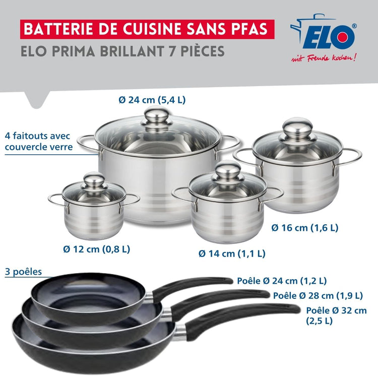 Ensemble de 3 Poêles de cuisson 24, 28 et 32 cm et 4 faitouts 12, 14, 16 et 24 cm Elo Prima Brillant