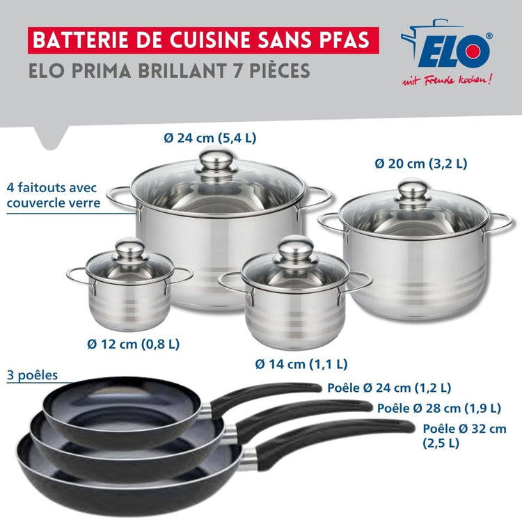 Ensemble de 3 Poêles de cuisson 24, 28 et 32 cm et 4 faitouts 12, 14, 20 et 24 cm Elo Prima Brillant