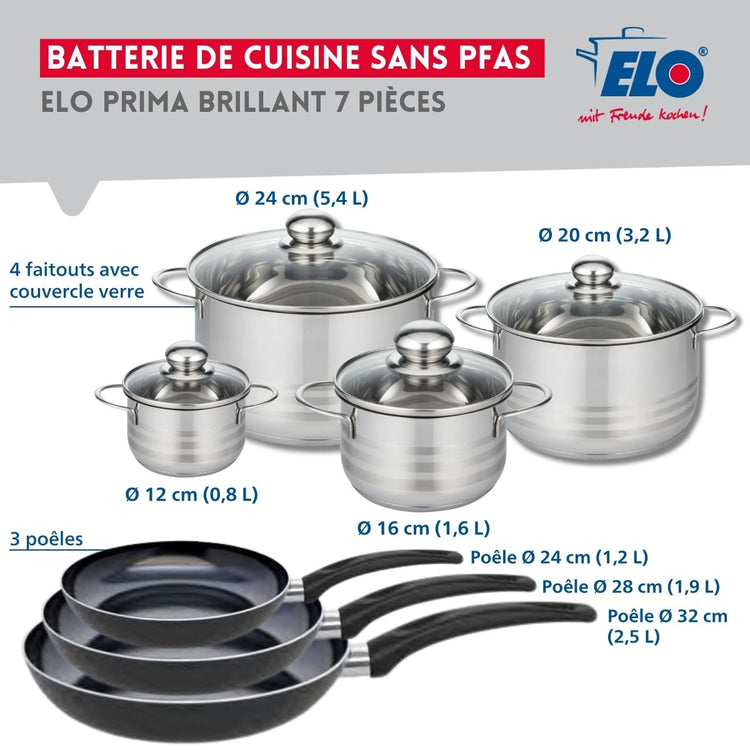 Ensemble de 3 Poêles de cuisson 24, 28 et 32 cm et 4 faitouts 12, 16, 20 et 24 cm Elo Prima Brillant