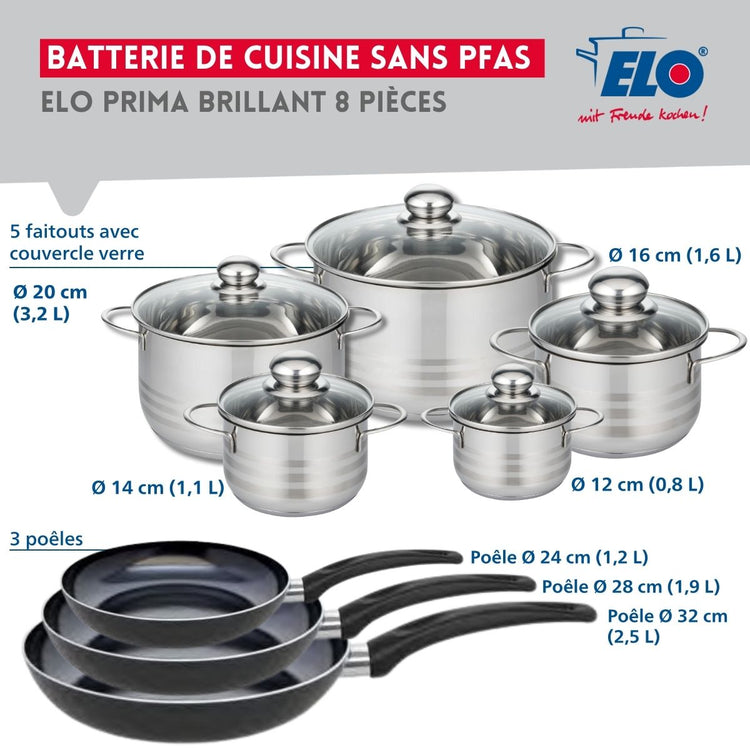 Ensemble de 3 Poêles de cuisson 24, 28 et 32 cm et 5 faitouts 12, 14, 16, 20 et 24 cm Elo Prima Brillant