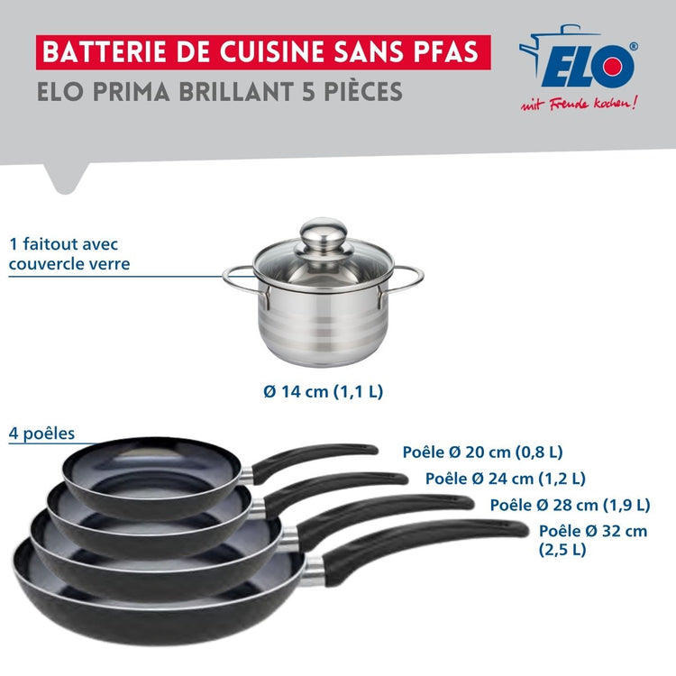 Ensemble de 4 Poêles de cuisson 20, 24, 28 et 32 cm et 1 faitout 14 cm Elo Prima Brillant