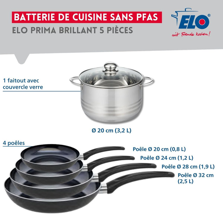 Ensemble de 4 Poêles de cuisson 20, 24, 28 et 32 cm et 1 faitout 20 cm Elo Prima Brillant