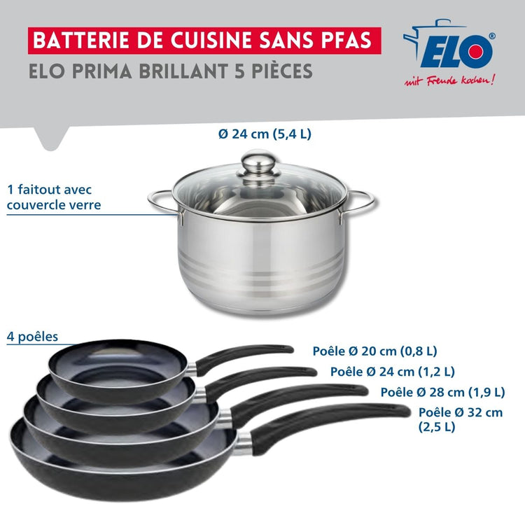 Ensemble de 4 Poêles de cuisson 20, 24, 28 et 32 cm et 1 faitout 24 cm Elo Prima Brillant