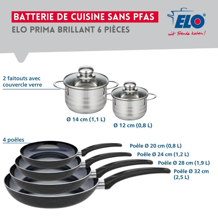 Ensemble de 4 Poêles de cuisson 20, 24, 28 et 32 cm et 2 faitouts 12 et 14 cm Elo Prima Brillant