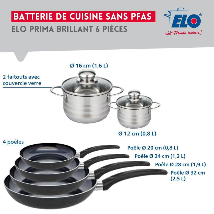 Ensemble de 4 Poêles de cuisson 20, 24, 28 et 32 cm et 2 faitouts 12 et 16 cm Elo Prima Brillant