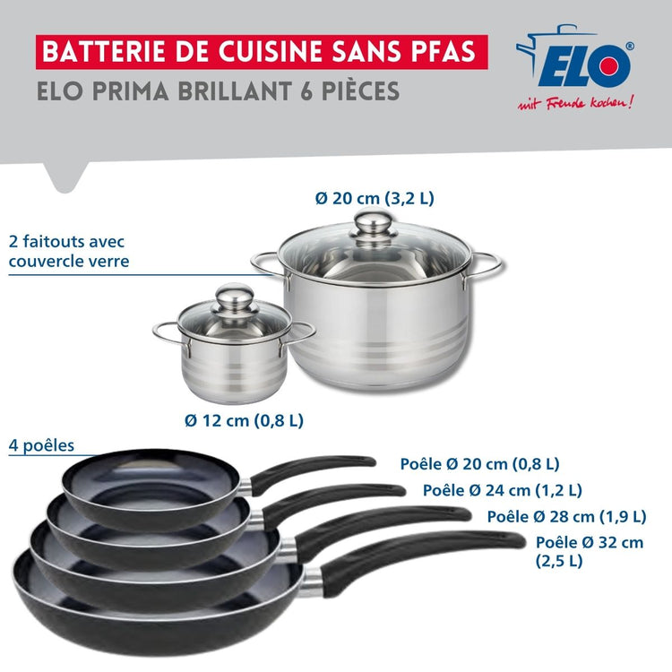 Ensemble de 4 Poêles de cuisson 20, 24, 28 et 32 cm et 2 faitouts 12 et 20 cm Elo Prima Brillant