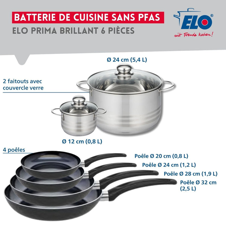 Ensemble de 4 Poêles de cuisson 20, 24, 28 et 32 cm et 2 faitouts 12 et 24 cm Elo Prima Brillant