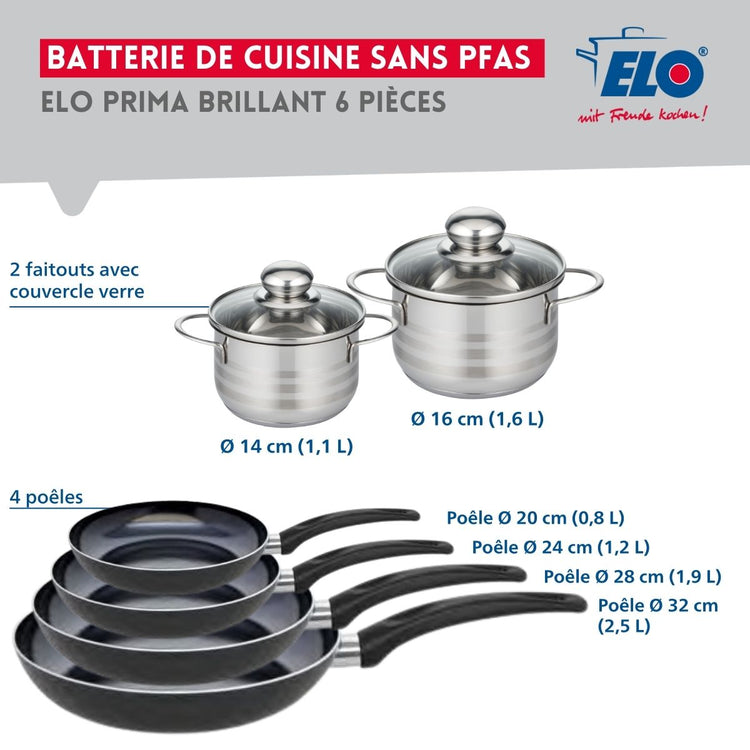 Ensemble de 4 Poêles de cuisson 20, 24, 28 et 32 cm et 2 faitouts 14 et 16 cm Elo Prima Brillant