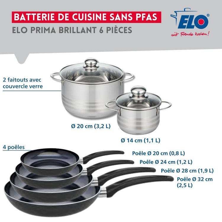 Ensemble de 4 Poêles de cuisson 20, 24, 28 et 32 cm et 2 faitouts 14 et 20 cm Elo Prima Brillant