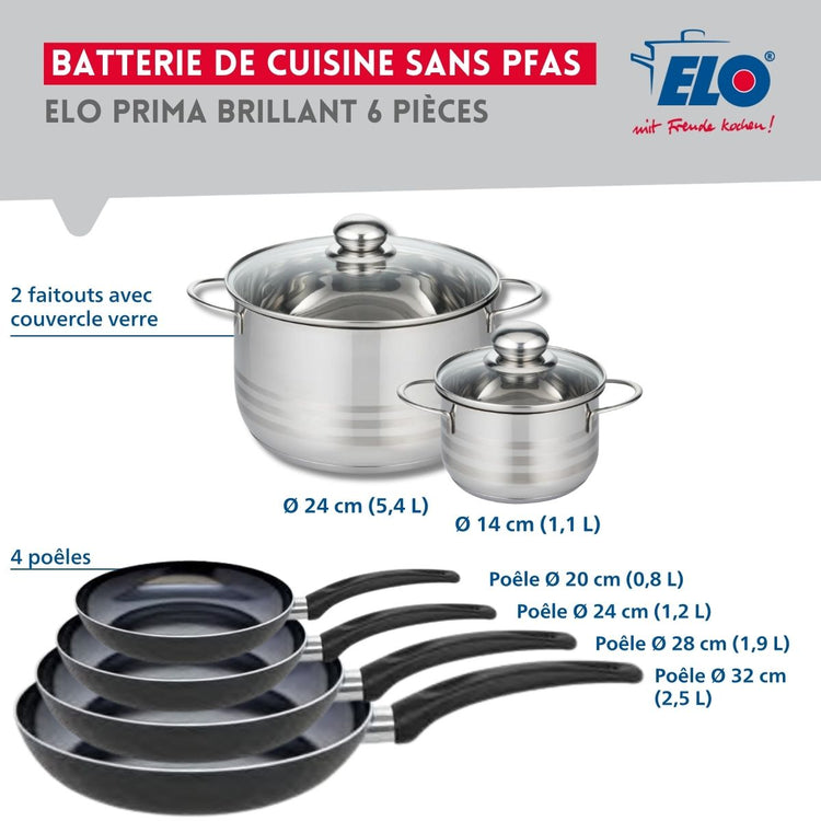 Ensemble de 4 Poêles de cuisson 20, 24, 28 et 32 cm et 2 faitouts 14 et 24 cm Elo Prima Brillant