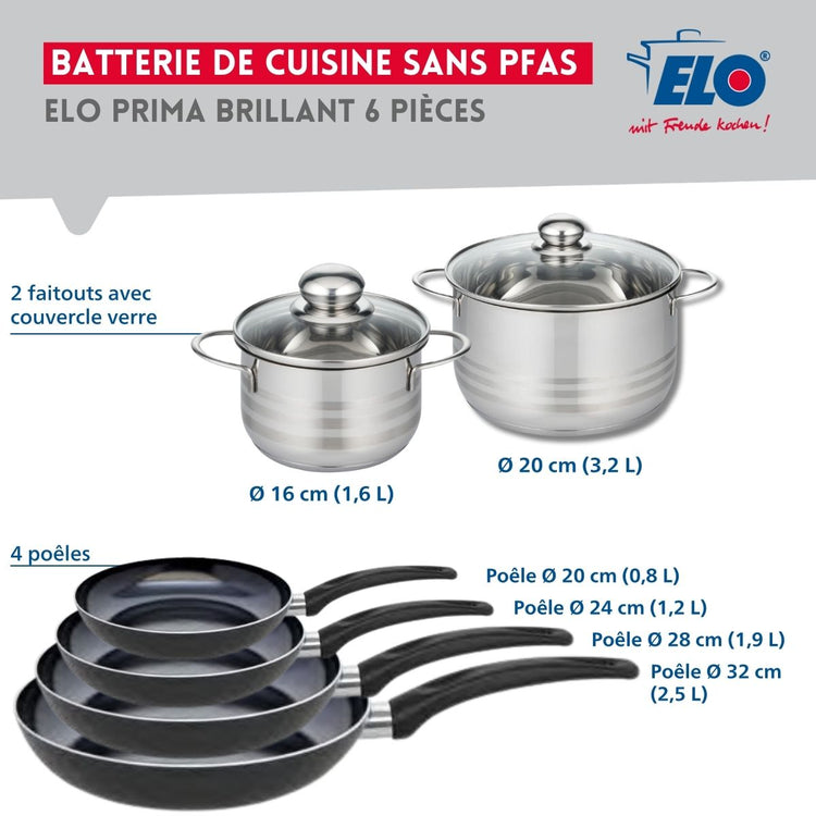 Ensemble de 4 Poêles de cuisson 20, 24, 28 et 32 cm et 2 faitouts 16 et 20 cm Elo Prima Brillant