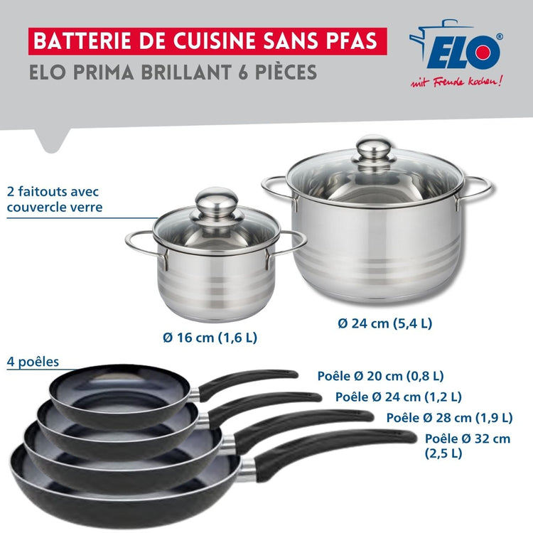 Ensemble de 4 Poêles de cuisson 20, 24, 28 et 32 cm et 2 faitouts 16 et 24 cm Elo Prima Brillant