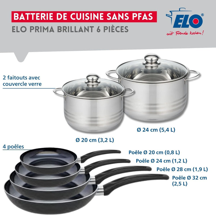 Ensemble de 4 Poêles de cuisson 20, 24, 28 et 32 cm et 2 faitouts 20 et 24 cm Elo Prima Brillant