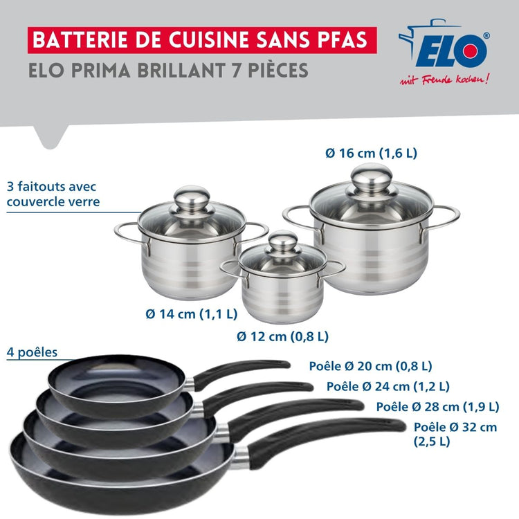 Ensemble de 4 Poêles de cuisson 20, 24, 28 et 32 cm et 3 faitouts 12, 14 et 16 cm Elo Prima Brillant