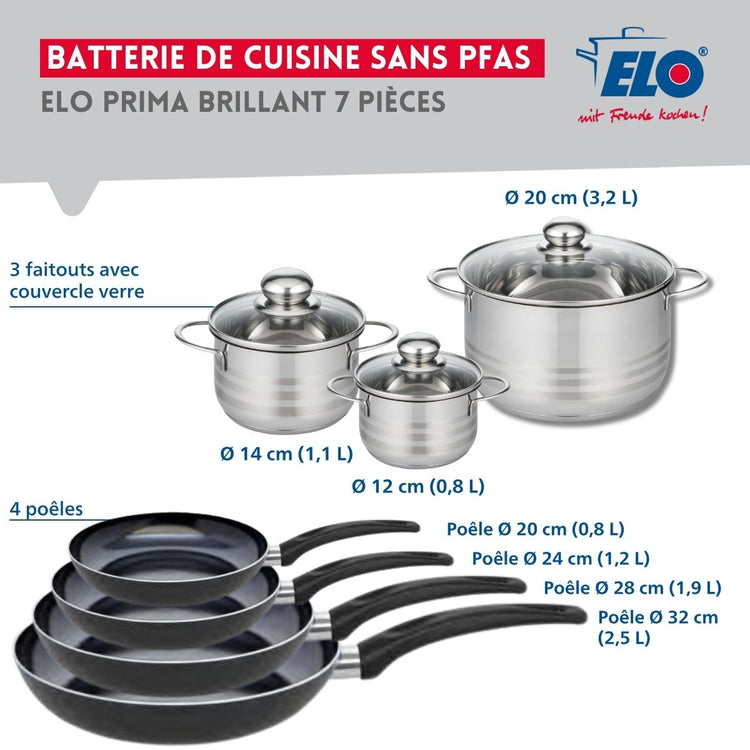 Ensemble de 4 Poêles de cuisson 20, 24, 28 et 32 cm et 3 faitouts 12, 14 et 20 cm Elo Prima Brillant