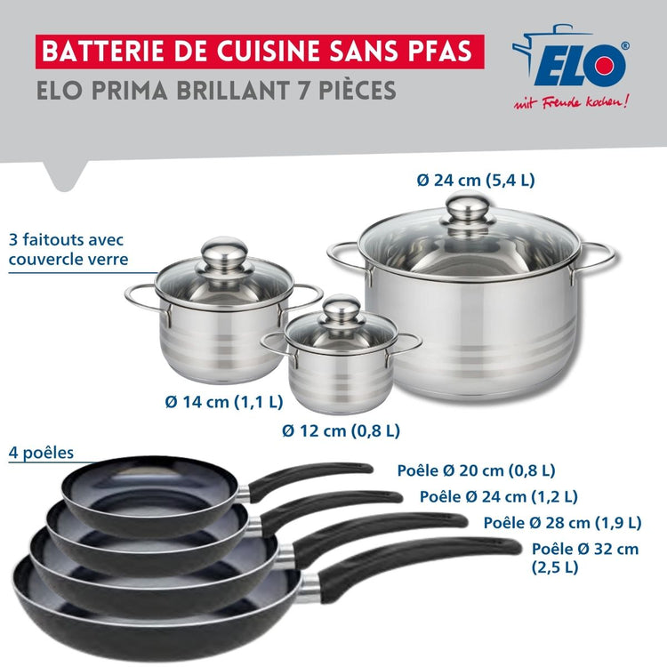 Ensemble de 4 Poêles de cuisson 20, 24, 28 et 32 cm et 3 faitouts 12, 14 et 24 cm Elo Prima Brillant