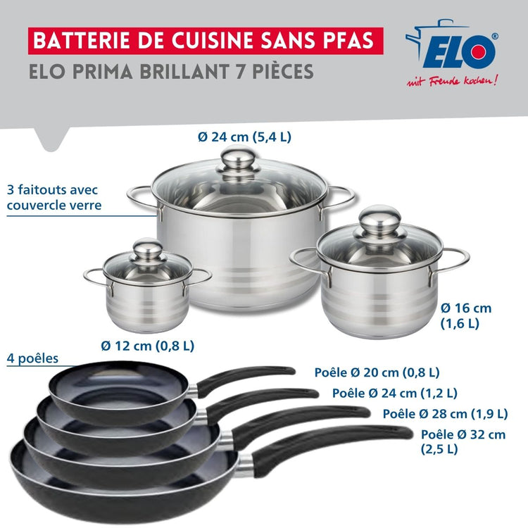 Ensemble de 4 Poêles de cuisson 20, 24, 28 et 32 cm et 3 faitouts 12, 16 et 24 cm Elo Prima Brillant