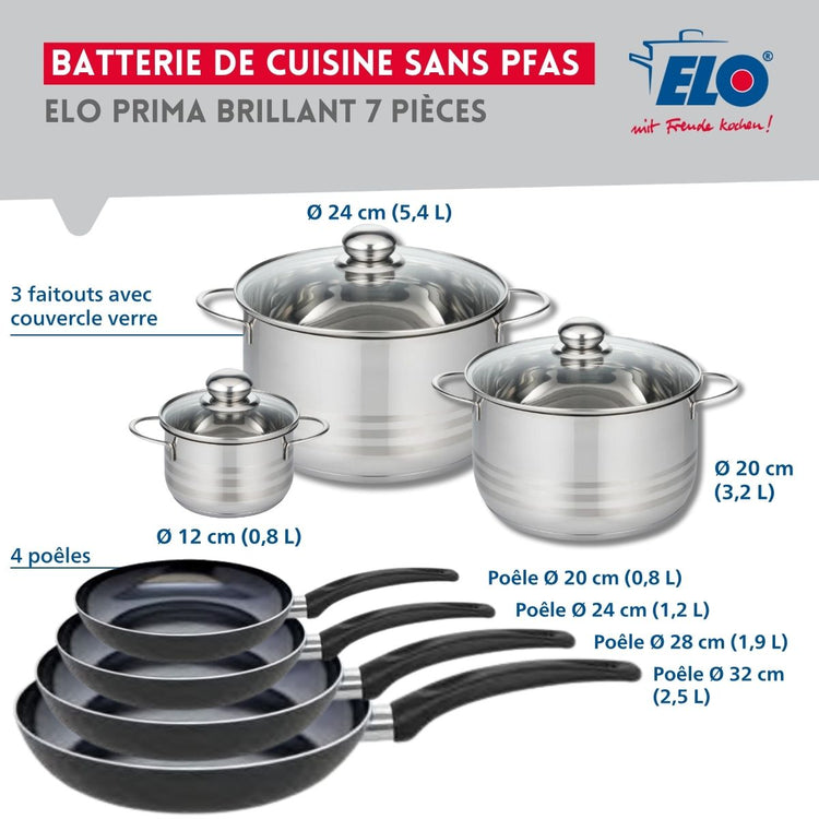 Ensemble de 4 Poêles de cuisson 20, 24, 28 et 32 cm et 3 faitouts 12, 20 et 24 cm Elo Prima Brillant